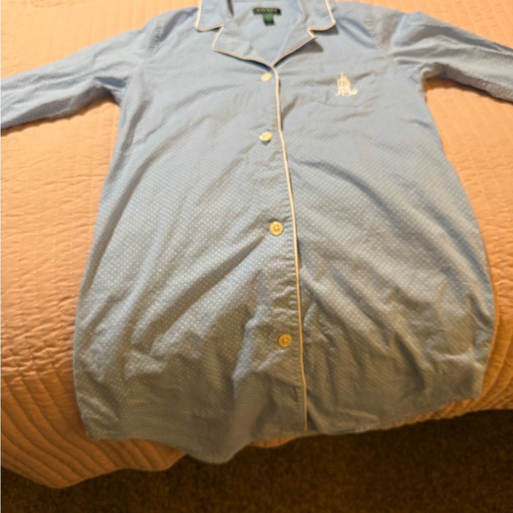 Lauren Ralph Lauren Blue Polka Dot Long Sleep Shirt 100% Cotton Night Gown